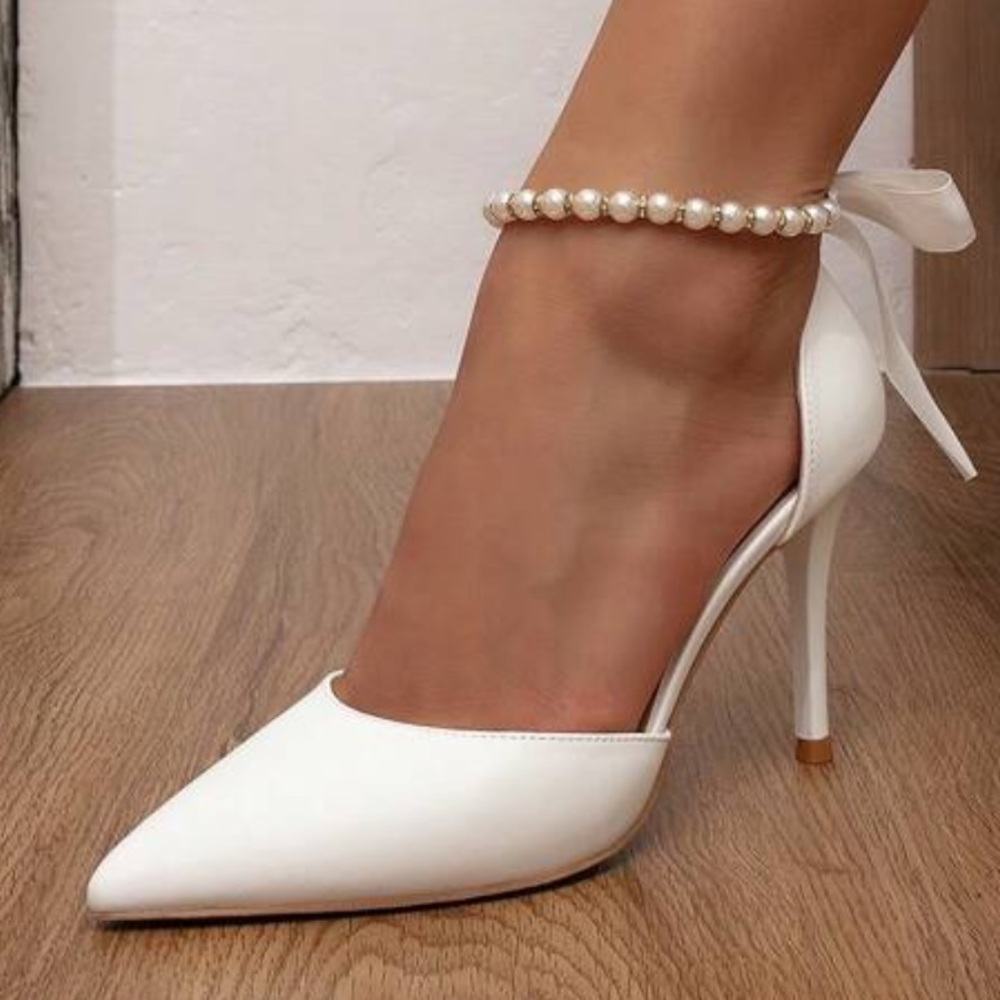 Elegant White High Heels with Pearl Ankle Strap